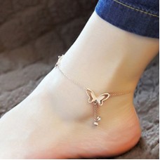 Rose Gold Plated Stainless Steel Butterfly Anklet with Crystal Drop Tassel