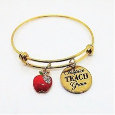 Teacher Charm Bracelet - Expandable Bangle Gold Stainless Steel Plated