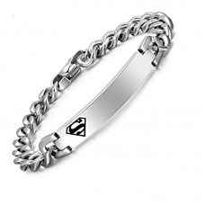 Engraved Men's Superman Silver Stainless Steel High Polished Curb Link ID Bracelet Engraved Free