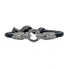 Stainless Steel Black Leather Braided Bracelet. 8 1/2"