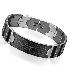 Flongo Men's Vintage Stainless Steel Black Cross Silver English Bible Lords Prayer Link Wrist Bracelet