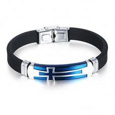 Cross Silicone Sport Wristband Bangle Bracelet Stainless Steel Design, Black / Blue, 7.87 inch