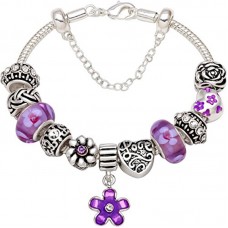 "You Make My Life Full Of Peace And Love" Silver-Tone Love Heart Purple Flower Bead Charm Bracelet For Christmas Birthday Anniversary Valentine's day Valentine Gift