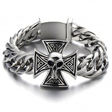 Mens Large Skull Cross Bracelet Stainless Steel Curb Chain Biker Gothic Silver Color Polished