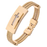 Crystal Gold Jesus Cross Bracelet Men Jewelry Stainless Steel Mens Gold Bracelets & Bangles 3 Rows Jewelry