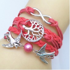 Fashion Vintage Birds Leather Heart Charm stainless steel Bracelet