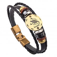 Winter's Secret Hand Braided Twelve Constellations Pattern Black Leather Alloy Pull Clasp Wrap Bracelet