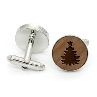 2017 New Design- Christmas- Tree Cufflinks Round Wood Cufflink for Men Walnut Cuff Link Gifts 