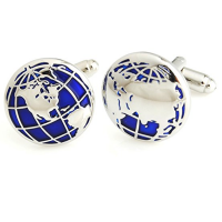 Silver Blue  Mens Stainless Steel World Map Shirts Cufflinks