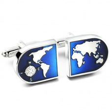 Men's World Map Shirts Cufflinks, Wedding, Color Blue Silver