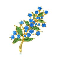 New Gold Blue Flowers & Leaves Brooch Rhinestones Charms Jewelry - BR025