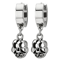 Pair Stainless Steel Huggie Hinged Hoop Earrings with Dangling Clown Skull for Men Women Boys