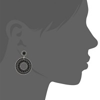 Stainless Steel with Black Ip and Black Glass Circle Dangle Earrings