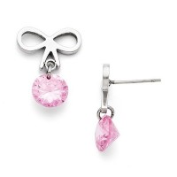 Stainless Steel Bow with Pink CZ Polished Post Earrings