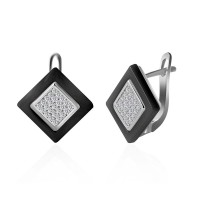 Women Luxury U Shape Silver CZ Ceramic Square Stud Earrings - E835