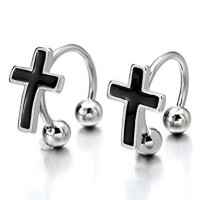 Pair Stainless Steel Bead Huggie Hinged Earrings with Black Cross, Unisex for Man Women