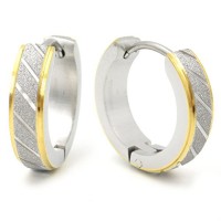 Stainless Steel Mens Hoop Earrings Stripe Bevel Edge Black Gold Color 16mm