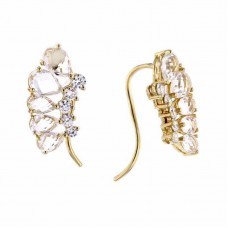 Gold pear white topaz & crystal crawler stainless steel earrings - E793