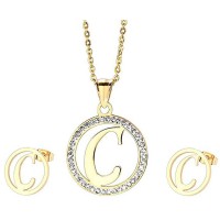 Stainless Steel Women Necklace Earring English Letters "C" CZ Gold - JS038