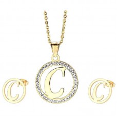 Stainless Steel Women Necklace Earring English Letters "C" CZ Gold - JS038