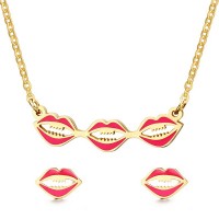 Stainless Steel Red Lips Kiss Pendant Necklace Stud Earrings Jewelry Set for Women and Girls - JS047