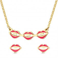 Stainless Steel Red Lips Kiss Pendant Necklace Stud Earrings Jewelry Set for Women and Girls - JS047