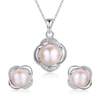 Stunning Flawless Pearl Stud Earrings & Silver Chain Pendant Set Quality Natural Freshwater Pearl Fashion Jewelry Set - JS050