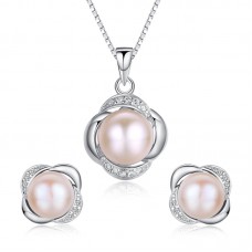 Stunning Flawless Pearl Stud Earrings & Silver Chain Pendant Set Quality Natural Freshwater Pearl Fashion Jewelry Set - JS050