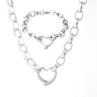 Women Stainless Steel Silver Elegant High Polished Heart Charm Cable Link Chain Necklace Bracelet Set - JS006