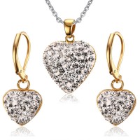 Stainless Steel Heart Shape Crystal Drop Dangle Earrings Necklace Jewelry Sets - JS008