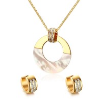 Stainless Steel Shell Circle Round Pendant Necklace Crystal Hoop Earrings Jewelry Set for Women - JS011