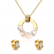 Stainless Steel Shell Circle Round Pendant Necklace Crystal Hoop Earrings Jewelry Set for Women - JS011