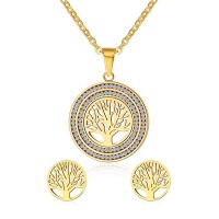 Women's Stainless Steel Life Tree Filigree Crystal Round Shaped Pendant Necklace and Earrings Jewelry Set - JS012