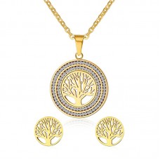 Women's Stainless Steel Life Tree Filigree Crystal Round Shaped Pendant Necklace and Earrings Jewelry Set - JS012