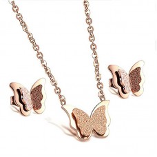 Butterfly Earrings Stud Necklace Stainless Steel Rose Gold Jewelry Set - JS013