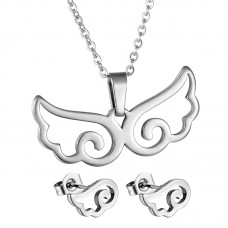 Stainless Steel Angel Wings Necklace and Earrings Jewelry Set - JS015