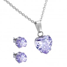 Stainless Steel Cubic Zirconia Love Heart Pendant Necklace Earrings Jewelry Set - JS022