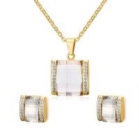 Stainless Steel Square Diamond Cut Shiny Crystal Pendant Necklace Stud Earrings Women's Jewelry Set - JS028