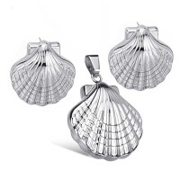 Women's Girls' Stainless Steel Silver High Polished Shell Design Earrings and Pendant Necklace Jewelry Set - JS030