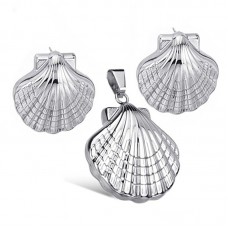 Women's Girls' Stainless Steel Silver High Polished Shell Design Earrings and Pendant Necklace Jewelry Set - JS030