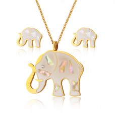 Small Natural Stone Elephant Pendant Necklace Earring Women Jewelry Sets Stainless Steel Jewelry Set - JS062