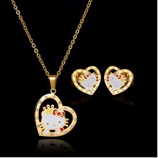 New Jewelry Girl's Necklace and Earrings Set Crystal Heart Hello Kitty Pendant Gold Chain Stainless Steel Jewelry Sets - JS067