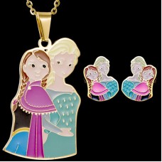 Hot Movie Jewelry Stainless Steel Gold Color Jewelry Set Colorful Anna Elsa Pendant Earrings Necklace Set for Women Girl - JS080