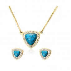 Necklace Earrings Set Blue Turquoise Pendant Earrings Danglers Stainless Steel Jewelry Set - JS158