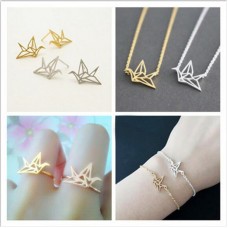 Origami Paper Crane Necklace Bracelet Earring Ring Stainless Steel Jewelry Sets for Women - JS179