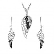 Silver Black Diamond  Angle Wing Pendant & Drop Earring Stainless Steel Jewelry Set - JS328