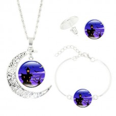 Halloween Women Jewelry Set Wicked Witch Glass Cabochon Silver Crescent Moon Pendant Necklace Earrings Bracelet Sets - JS355