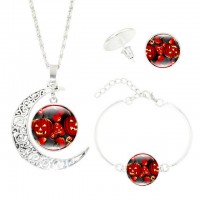 Halloween Women Jewelry Set Wicked Witch Glass Cabochon Silver Crescent Moon Pendant Necklace Earrings Bracelet Sets - JS356