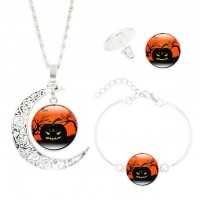 Halloween Women Jewelry Set Wicked Witch Glass Cabochon Silver Crescent Moon Pendant Necklace Earrings Bracelet Sets - JS358