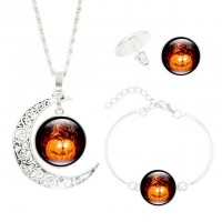 Halloween Women Jewelry Set Wicked Witch Glass Cabochon Silver Crescent Moon Pendant Necklace Earrings Bracelet Sets - JS359